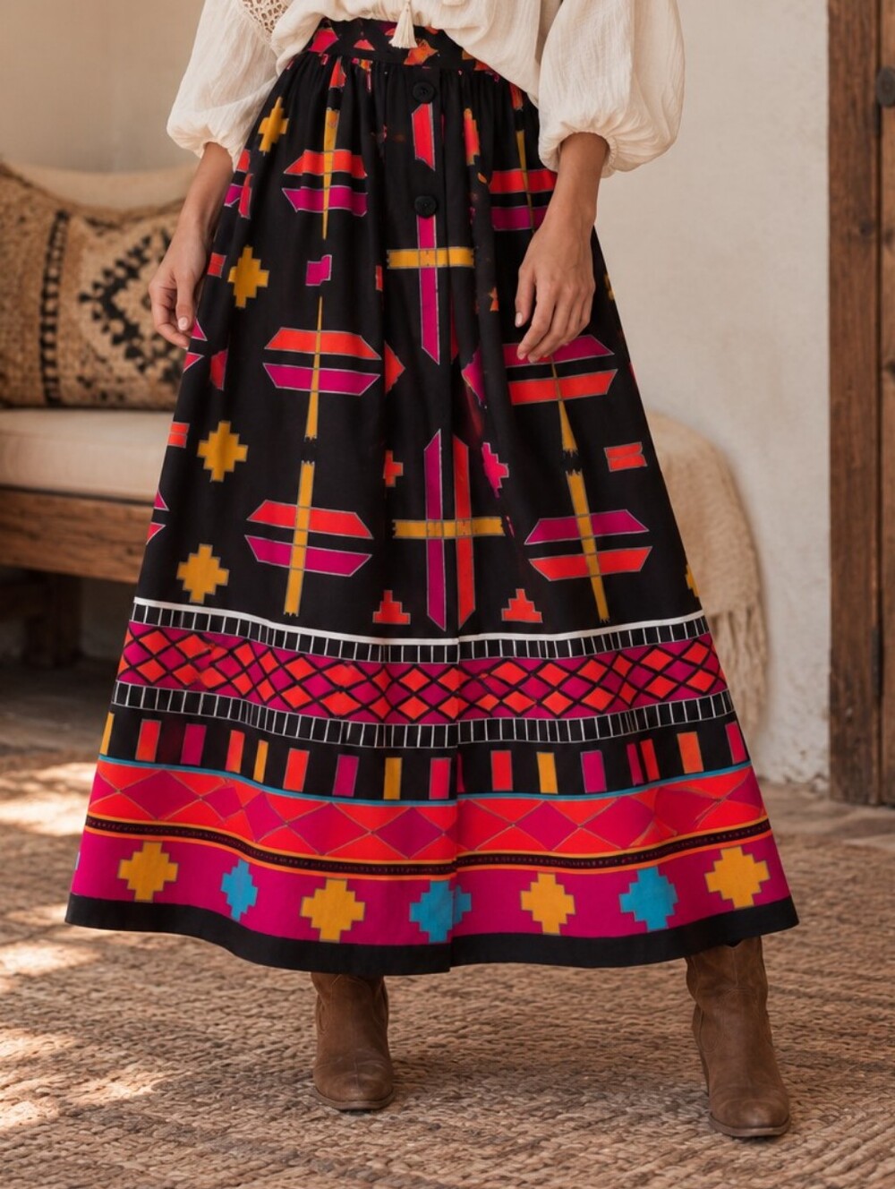 Vintage Koret Southwestern Maxi Skirt 70s 80s Aztec Boho Maximalist S/XS